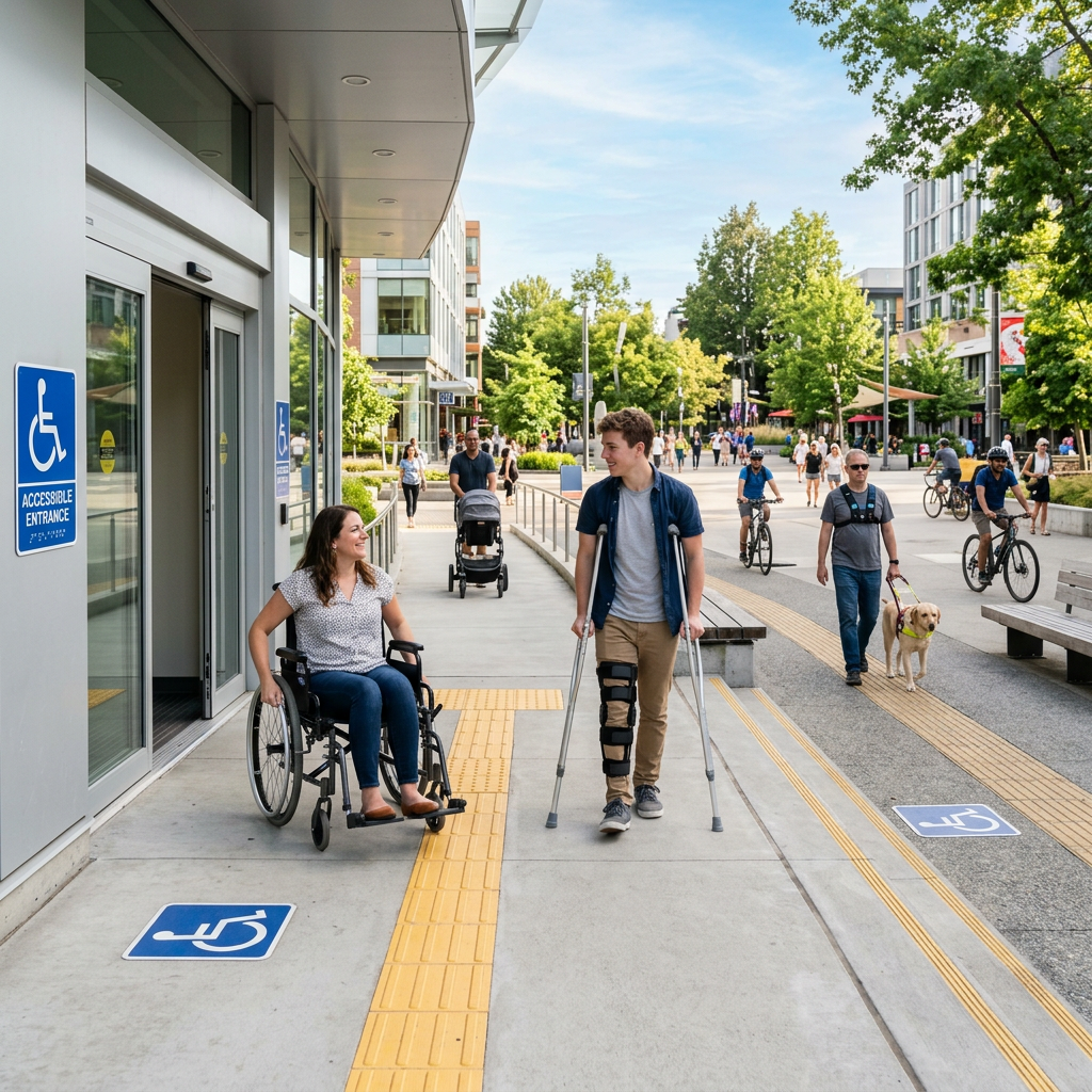 Woman in wheelchair and young man with crutches on accessible sidewalk